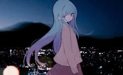 Rule 34 | 1girl, blue eyes, blue hair, blunt bangs, brown cardigan, cardigan, city lights, cityscape, cowboy shot, fading, from side, highres, indie virtual youtuber, long hair, long sleeves, looking at viewer, looking back, night, night sky, official alternate costume, official art, outdoors, photo background, skirt, sky, solo, somunia, standing, transparent, very long hair, virtual youtuber, yorunogumo