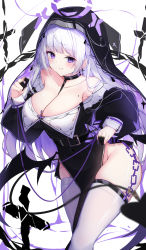 Rule 34 | 1girl, absurdres, bare shoulders, black dress, blunt bangs, blush, breasts, cleavage, covered navel, cross, cross earrings, dress, earrings, feet out of frame, finger cots, habit, haidollo, highres, jewelry, large breasts, long hair, long sleeves, mole, mole on breast, nun, off-shoulder dress, off shoulder, original, parted lips, pelvic curtain, purple eyes, revealing clothes, sidelocks, solo, thighhighs, thighs, white hair, white thighhighs