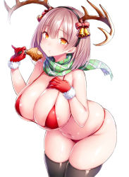Rule 34 | 1girl, antlers, areola slip, bare arms, bare shoulders, bell, bent over, bikini, black thighhighs, blunt bangs, blush, breasts, brown eyes, chicken (food), chicken leg, christmas, cleavage, cowboy shot, earrings, eating, food, fried chicken, fur-trimmed gloves, fur trim, gloves, green scarf, hair bell, hair ornament, hand on own chest, hand up, highleg, highleg bikini, highres, horns, huge breasts, jewelry, leaning forward, light brown hair, looking at viewer, navel, original, plaid, plaid scarf, red bikini, red gloves, santa bikini, scarf, short hair, simple background, skindentation, solo, star (symbol), star earrings, string bikini, swimsuit, thighhighs, thighs, tsukumiya amane, v, white background, wide hips