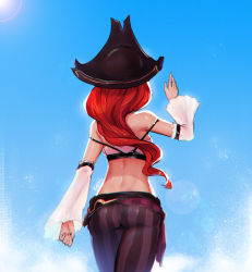 Rule 34 | 1girl, arm at side, arm up, artist name, ass, back, bare back, bare shoulders, black hat, blue sky, day, derivative work, detached sleeves, facing away, hat, kezi, league of legends, lens flare, long hair, long sleeves, miss fortune (league of legends), outdoors, pants, pirate hat, purple pants, red hair, sky, solo, strap slip, striped clothes, striped pants, sun, sunlight, vertical-striped clothes, vertical-striped pants