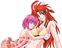 Rule 34 | 2girls, animal ears, arm support, ass, back, bare back, bare shoulders, bikini, blue eyes, breasts, character request, clenched teeth, fake animal ears, female focus, flat chest, gloves, grin, happy, hug, kisaragi ryou (sougetsu-tei), long hair, looking at viewer, midriff, multiple girls, navel, one eye closed, original, panties, pink hair, playboy bunny, pointy ears, purple eyes, rabbit ears, rabbit tail, red hair, short hair, smile, strapless, swimsuit, tail, teeth, underwear, wink, yuri