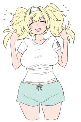 Rule 34 | 1girl, alternate costume, american flag, blonde hair, blue shorts, breasts, closed eyes, cowboy shot, cropped legs, facing viewer, gambier bay (kancolle), hairband, happy, kantai collection, large breasts, multicolored hairband, shirt, shorts, simple background, smile, standing, t-shirt, tamu (mad works), twintails, white background, white shirt