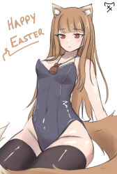 Rule 34 | 1girl, :o, animal ears, bare shoulders, black leotard, black thighhighs, blunt bangs, blush, collarbone, commentary, covered navel, cowboy shot, curvy, english commentary, groin, hair over shoulder, happy easter, highleg, highleg leotard, highres, holo, jewelry, leotard, looking at viewer, necklace, nontraditional playboy bunny, nyaxxy, open mouth, red eyes, sidelocks, simple background, sitting, sketch, solo, spice and wolf, strapless, strapless leotard, tail, thighhighs, white background, wolf ears, wolf girl, wolf tail
