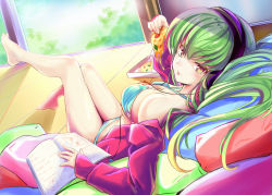 Rule 34 | 1girl, absurdres, bare legs, blue bra, blue panties, book, bra, breasts, c.c., code geass, eating, food, green hair, headphones, highres, holding, holding food, holding pizza, leaf, looking at viewer, medium breasts, on floor, open book, open pajamas, pajamas, panties, pillow, pizza, pizza box, pizza slice, red pajamas, sideboob, sitting, solo, thighs, tongue, tongue out, toshizou (0714), underwear, underwear only, window, yellow eyes