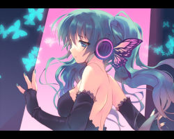 Rule 34 | 1girl, aqua eyes, aqua hair, aqua nails, back, backless dress, backless outfit, bad id, bad pixiv id, bare shoulders, butterfly wings, dress, elbow gloves, fingerless gloves, gloves, hatsune miku, insect wings, letterboxed, long hair, magnet (vocaloid), nail polish, santa matsuri, solo, twintails, vocaloid, wings, yamaha