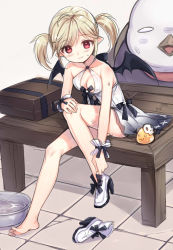 Rule 34 | 1girl, player character (mabinogi), bad id, bad pixiv id, bare shoulders, barefoot, black bow, black wings, blush, boots, bow, breasts, character request, cleavage, cola, commentary request, covered erect nipples, demon wings, dress, elf, female focus, full body, high heel boots, high heels, highres, light brown hair, looking at viewer, mabinogi, mask, medium breasts, parted lips, pointy ears, red eyes, shoes, unworn shoes, sidelocks, skull mask, sleeveless, sleeveless dress, solo, suitcase, sweat, tama (tamatamo), tile floor, tiles, twintails, washbowl, water, white dress, white footwear, wings, wrist cuffs