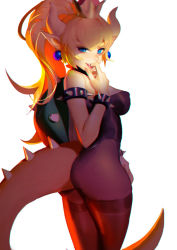 Rule 34 | 1girl, arm support, armlet, ass, bare shoulders, black collar, black leotard, black nails, blonde hair, blue eyes, bowsette, bracelet, breasts, collar, crown, earrings, fangs, hair between eyes, highres, horns, jewelry, large breasts, leotard, lips, long hair, looking at viewer, mario (series), mini crown, nail polish, new super mario bros. u deluxe, nintendo, pointy ears, ponytail, solo, spiked armlet, spiked bracelet, spiked collar, spikes, strapless, strapless leotard, super crown, tail, thighhighs