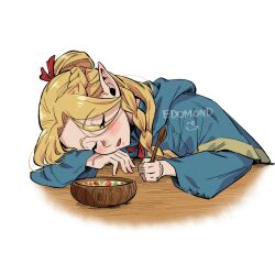Rule 34 | 1girl, artist name, blonde hair, blue capelet, blue robe, blush, bowl, braid, capelet, closed eyes, drooling, dungeon meshi, edomon-do, elf, highres, holding, holding spoon, hood, hooded capelet, long hair, marcille donato, open mouth, pointy ears, robe, simple background, sleeping, solo, spoon, watermark, white background