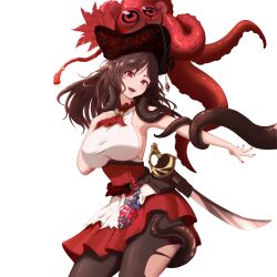 Rule 34 | 1girl, absurdres, azur lane, breasts, brown hair, hat, highres, large breasts, looking at viewer, open mouth, red eyes, red skirt, rolingblade, royal fortune (azur lane), skirt, sword, tentacle hair, tentacles, weapon, white background