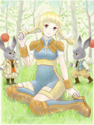 Rule 34 | 1girl, bad id, bad pixiv id, blonde hair, blue eyes, bodysuit, boots, braid, commentary request, final fantasy, final fantasy xii, flower, full body, groin, highres, knee boots, kneehighs, looking at viewer, moogle, penelo, plant, ribbed sweater, sitting, smile, socks, sweater, twin braids, twintails