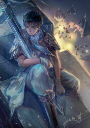 Rule 34 | 1boy, absurdres, armor, bandages, berserk, black hair, boots, campfire, closed mouth, dated, dragonslayer (sword), guts (berserk), highres, holding, holding sword, holding weapon, huge weapon, looking to the side, male focus, momoyuk2, night, outdoors, scar, scar on face, scar on nose, short hair, shoulder armor, signature, sitting, solo, sword, weapon