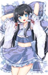 Rule 34 | 1girl, :d, alternate color, arms behind head, bad id, bad pixiv id, black hair, blue eyes, blue neckwear, blue ribbon, blue skirt, blush, bow, cheunes, detached sleeves, flower, hakurei reimu, highres, large bow, long hair, looking at viewer, midriff, miniskirt, navel, open mouth, player 2, ribbon, sarashi, skirt, smile, solo, touhou, very long hair, wide sleeves