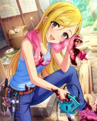 Rule 34 | 10s, 1girl, belly, belt, blonde hair, blood, denim, dismemberment, earrings, fujimoto rina, highres, idolmaster, idolmaster cinderella girls, jeans, jewelry, looking at viewer, navel, open mouth, pants, rags, ray-k, short hair, smile, solo, stained clothes, tools