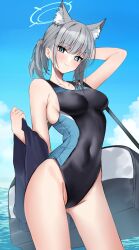 Rule 34 | 1girl, animal ear fluff, animal ears, bag, black one-piece swimsuit, blue archive, blue eyes, breasts, commentary, competition swimsuit, contrapposto, covered navel, cross hair ornament, extra ears, grey hair, hair ornament, halo, highres, low ponytail, medium breasts, medium hair, mismatched pupils, multicolored clothes, multicolored swimsuit, nemun (tamizzz), ocean, official alternate costume, one-piece swimsuit, shiroko (blue archive), shiroko (swimsuit) (blue archive), sky, smile, solo, swimsuit, towel, white background, wolf ears