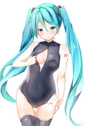Rule 34 | 1girl, absurdres, aqua eyes, aqua hair, blush, breasts, byte (allbyte), center opening, covered navel, front zipper swimsuit, hatsune miku, highres, long hair, looking at viewer, meme attire, nail polish, one-piece swimsuit, shizuka (deatennsi), simple background, small breasts, solo, swimsuit, tattoo, thigh gap, thighhighs, twintails, very long hair, vocaloid, white background