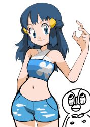 Rule 34 | 00s, 1girl, alternate costume, bare arms, bare shoulders, blue eyes, blue hair, blue shorts, creatures (company), criss-cross halter, dawn (pokemon), game freak, gen 4 pokemon, hainchu, hair ornament, halterneck, looking at viewer, midriff, navel, nintendo, piplup, pokemon, pokemon (anime), pokemon (creature), pokemon dppt, short shorts, shorts, simple background, smile, standing, white background