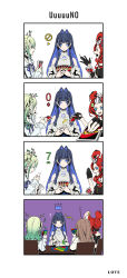 Rule 34 | 4girls, 4koma, ?, ^^^, animal ears, asymmetrical gloves, bare shoulders, black gloves, black hair, blue eyes, brown hair, card, card game, ceres fauna, choker, clothing cutout, comic, crown, ear piercing, fingerless gloves, fingernails, gloves, green hair, hair intakes, hair ornament, hakos baelz, highres, holding, holding card, hololive, hololive english, long hair, long sleeves, looking at another, mouse ears, multiple girls, nanashi mumei, on chair, ouro kronii, piercing, playing card, playing games, purple hair, red hair, sharp fingernails, shoulder cutout, side ponytail, smile, sweater, table, taka t, turtleneck, uno (game), very long hair, virtual youtuber