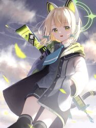 Rule 34 | 1girl, animal ear headphones, animal ears, black shorts, black thighhighs, blonde hair, blue archive, blue necktie, blush, bow, cat tail, enden nix, fake animal ears, feet out of frame, green bow, green eyes, green halo, gun, hair bow, halo, headphones, highres, jacket, long sleeves, midori (blue archive), necktie, open mouth, shirt, short hair, shorts, solo, tail, thighhighs, weapon, white jacket, white shirt