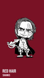 Rule 34 | 1boy, abs, beard, blacknirrow, buttons, cape, character name, chibi, closed mouth, collarbone, english text, facial hair, floral print, forehead, full body, happy, highres, holding, holding sword, holding weapon, leg hair, male focus, monochrome, one piece, open clothes, open shirt, red background, sandals, scar, scar across eye, scar on face, shanks (one piece), sheath, shirt, short hair, short sleeves, shorts, sidelocks, simple background, sketch, smile, solo, standing, sword, unsheathing, v-shaped eyebrows, weapon