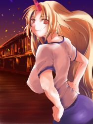 Rule 34 | 1girl, alternate costume, atoshi, bad id, bad pixiv id, blonde hair, breasts, covered erect nipples, female focus, gym uniform, hands on own hips, highres, horns, hoshiguma yuugi, large breasts, long hair, looking back, night, red eyes, single horn, smile, solo, touhou