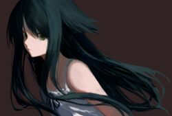 Rule 34 | 1girl, arms behind back, bare shoulders, black hair, black ribbon, brown background, closed mouth, commentary, dress, empty eyes, expressionless, floating hair, from side, green eyes, hair flaps, highres, leaning forward, long hair, looking at viewer, looking to the side, momokumo, pale skin, ribbon, saya (saya no uta), saya no uta, sidelocks, simple background, solo, spaghetti strap, sundress, upper body, white dress