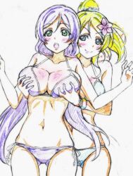 Rule 34 | 10s, 2girls, :o, ayase eli, bikini, blonde hair, blue eyes, blush, bracelet, grabbing another&#039;s breast, breasts, cleavage, collarbone, flower, from behind, grabbing, green eyes, groping, hair flower, hair ornament, jewelry, kotokoto (jumon), large breasts, long hair, love live!, love live! school idol project, multiple girls, navel, open mouth, ponytail, purple hair, side-tie bikini bottom, smile, surprised, swimsuit, tojo nozomi, traditional media, twintails, very long hair, white background, yuri