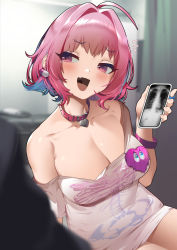 Rule 34 | 1girl, absurdres, ahoge, belt collar, blue hair, blush, breasts, bsue, cellphone, cleavage, collar, collarbone, earrings, fang, hair intakes, heart, heart-shaped lock, heart collar, heart on chest, highres, holding, holding phone, idolmaster, idolmaster cinderella girls, indoors, jewelry, large breasts, multicolored hair, off-shoulder shirt, off shoulder, open mouth, phone, pill, pill earrings, pink collar, pink eyes, pink hair, pink wristband, shirt, short hair, short sleeves, sitting, skeleton print, smartphone, solo focus, t-shirt, tears, two-tone hair, uvula, x-ray, yumemi riamu