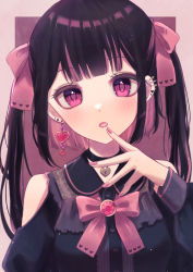 Rule 34 | 1girl, black hair, bow, choker, colored eyelashes, colored inner hair, ear piercing, earrings, finger to mouth, head tilt, heart, highres, jewelry, junineu, locket, multicolored hair, nail polish, necklace, original, pale skin, pendant, piercing, pink eyes, pink theme, ribbon, twintails