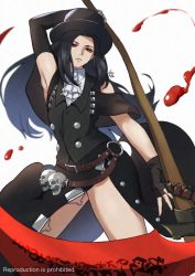 Rule 34 | 1other, androgynous, ascot, bare shoulders, black hair, choker, fingerless gloves, gloves, guilty gear, guilty gear strive, hat, highres, holding, long hair, looking at viewer, red eyes, scythe, shirukonabe, solo, testament (guilty gear), top hat, weapon