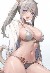 Rule 34 | 1girl, animal ears, bikini, blue eyes, blush, breasts, cat ears, cat girl, cat tail, cleavage, commission, cowboy shot, facial mark, final fantasy, final fantasy xiv, floral print, gradient background, grey hair, halterneck, highres, jacket, large breasts, long hair, looking at viewer, miqo&#039;te, navel, open clothes, open jacket, open mouth, ponytail, sidelocks, simple background, skeb commission, solo, string bikini, swimsuit, tail, teeth, thighs, torisanff14, upper teeth only, warrior of light (ff14), whisker markings, white tail