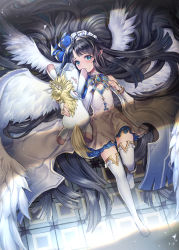 Rule 34 | 1girl, ahoge, bare shoulders, black hair, blue bow, blue eyes, blue ribbon, blurry, blush, bow, bracelet, bridal gauntlets, brooch, closed mouth, cross-laced clothes, detached sleeves, dress, feathered wings, flat chest, frilled dress, frills, from above, frown, full body, hair bow, hair spread out, highres, holding, holding stuffed toy, jewelry, knee up, light particles, long hair, looking at viewer, lying, maid headdress, multiple wings, neck ribbon, on back, on floor, panilla the revival, pointy ears, ribbon, short dress, solo, straight hair, stuffed toy, stuffed unicorn, thighhighs, tile floor, tiles, very long hair, white dress, white thighhighs, white wings, window shadow, wings, yamanashi kawanashi