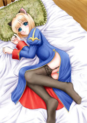 Rule 34 | 1girl, ahoge, animal ears, aqua panties, bed, bed sheet, black thighhighs, blonde hair, blue eyes, blush, cat ears, dress, frilled pillow, frills, garter belt, lace, lace-trimmed legwear, lace trim, lying, on side, panties, pantyshot, pillow, priest, priest (ragnarok online), priestess, ragnarok online, sheet grab, short hair, smile, solo, thighhighs, thighs, underwear