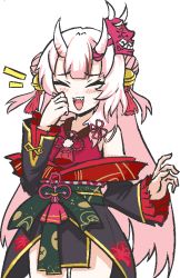 Rule 34 | 1girl, bell, blush, chained tan, closed eyes, commentary, double bun, english commentary, fang, hair bell, hair bun, hair ornament, hololive, horns, japanese clothes, laughing, long hair, mask, mask on head, nakiri ayame, nakiri ayame (1st costume), obi, oni mask, pink hair, sash, skin-covered horns, smile, solo, two side up, very long hair, virtual youtuber, white background