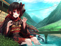 Rule 34 | 1girl, :d, bandaged leg, bandages, black hair, black kimono, blue sky, blush, bridge, building, claw pose, cloud, commentary request, copyright request, day, falling leaves, fang, fingernails, fox mask, hair between eyes, hasumi (hasubatake39), highres, japanese clothes, kimono, leaf, long sleeves, mask, mask on head, multicolored hair, obi, open mouth, outdoors, purple eyes, railing, red hair, sash, sitting, sky, smile, solo, streaked hair, torn clothes, torn kimono, water, wide sleeves