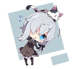 Rule 34 | 1girl, animal, animal on head, black bow, black footwear, black shirt, blue eyes, blush, bow, breasts, brown dress, brown pantyhose, cat, chibi, collared shirt, commentary request, dress, flying sweatdrops, full body, grey background, grey hair, hair bow, hair over one eye, highres, leaning to the side, long hair, long sleeves, low twintails, medium breasts, milkpanda, on head, original, pantyhose, parted lips, plaid, plaid dress, shirt, shoes, short eyebrows, sleeveless, sleeveless dress, solo, thick eyebrows, twintails, two-tone background, white background