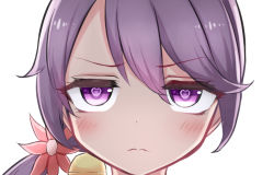 Rule 34 | 10s, 1girl, 3:, akebono (kancolle), bell, blush, commentary request, eyelashes, flower, frown, hair bell, hair between eyes, hair flower, hair ornament, heart, heart-shaped pupils, jitome, kantai collection, long hair, looking at viewer, neit ni sei, purple eyes, purple hair, side ponytail, simple background, solo, symbol-shaped pupils, very long hair, white background