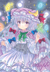 Rule 34 | 1girl, blue bow, blush, bow, bowtie, closed mouth, cowboy shot, crescent, crescent hat ornament, dress, frilled bow, frilled hat, frilled sleeves, frills, green bow, green bowtie, hair between eyes, hair bow, hat, hat ornament, index finger raised, light purple hair, long hair, long sleeves, looking at viewer, marker (medium), mob cap, patchouli knowledge, purple eyes, purple hat, red bow, rui (sugar3), sample watermark, smile, solo, star (symbol), touhou, traditional media, very long hair, watermark, white dress, wide sleeves