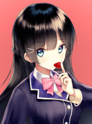 Rule 34 | 1girl, black hair, black jacket, blazer, blue eyes, bow, braid, breasts, brown background, brown sweater, closed mouth, collared shirt, food, fruit, hair ornament, hairclip, highres, jacket, long hair, long sleeves, looking at viewer, medium breasts, nijisanji, pink bow, rupe paperu, school uniform, shirt, simple background, solo, strawberry, sweater, tsukino mito, tsukino mito (1st costume), upper body, virtual youtuber, white shirt