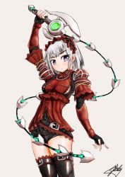 Rule 34 | 10s, 1girl, armor, arms behind back, belt, black gloves, bow, breasts, chaika bogdan, cowboy shot, earrings, fingerless gloves, flower, frills, frown, gloves, hairband, highres, hitsugi no chaika, j.h j.h, jewelry, leg belt, lolita hairband, looking at viewer, purple eyes, red flower, red rose, rose, short hair, shorts, signature, simple background, solo, standing, sword, thighhighs, weapon, white hair
