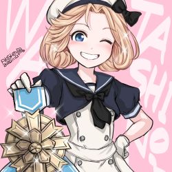 Rule 34 | 1girl, artist name, black neckwear, blonde hair, blue eyes, blue sailor collar, dated, dress, gloves, grin, hamu agaki, hat, highres, janus (kancolle), kantai collection, medal, one-hour drawing challenge, parted bangs, pink background, romaji text, sailor collar, sailor dress, sailor hat, short hair, smile, solo, text background, white dress, white gloves, white hat