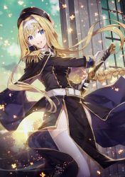 Rule 34 | 1girl, :d, alice zuberg, belt, belt buckle, black cape, black dress, black headwear, blonde hair, blush, braid, buckle, cape, commentary request, dress, epaulettes, fighting stance, gabiran, gloves, hair between eyes, hair intakes, hairband, hat, highres, holding, holding sheath, katana, long hair, long sleeves, looking at viewer, open mouth, peaked cap, pelvic curtain, purple eyes, ready to draw, sheath, sheathed, smile, solo, sunrise, sword, sword art online, teeth, thighhighs, thighs, upper teeth only, very long hair, weapon, white belt, white gloves, white hairband, white thighhighs