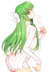 Rule 34 | 1girl, ass, blush, bow, breasts, c.c., clothes pull, code geass, creayus, green hair, hair bow, heart, long hair, medium breasts, meme attire, open-chest sweater, open mouth, ribbed sweater, simple background, solo, sweater, sweater pull, yellow eyes