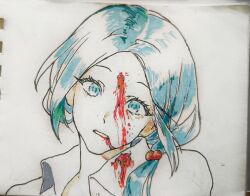 Rule 34 | 1girl, absurdres, blood, blood from mouth, blood on clothes, blood on face, blue eyes, blue hair, chinese commentary, commentary request, enomoto noa, gunshot wound, hair bobbles, hair ornament, highres, looking at viewer, marker (medium), portrait, qi ji p, saibou shinkyoku, shirt, side ponytail, solo, traditional media, white background, white shirt