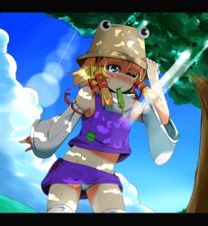 Rule 34 | 1girl, bad id, bad pixiv id, bare shoulders, blonde hair, blue eyes, blue panties, blush, cloud, dappled sunlight, day, detached sleeves, female focus, food, hair ribbon, hat, highres, hot, letterboxed, light rays, midriff, miniskirt, moriya suwako, mouth hold, navel, oriennto, panties, pantyshot, popsicle, ribbon, short hair, skirt, solo, sunbeam, sunlight, sweat, thighhighs, touhou, tree, underwear, white thighhighs, wince