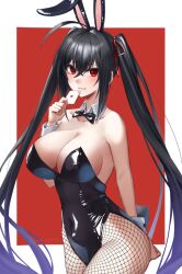 Rule 34 | 1girl, ace (playing card), ace of hearts, ahoge, animal ears, arm behind back, azur lane, bare shoulders, black bow, black bowtie, black hair, black hairband, black leotard, border, bow, bowtie, breasts, card, collarbone, covered navel, crossed bangs, detached collar, fake animal ears, fishnet pantyhose, fishnets, hair between eyes, hair ribbon, hairband, heart, highres, holding, holding card, large breasts, leotard, long hair, looking at viewer, pantyhose, playboy bunny, playing card, rabbit ears, rabbit tail, raised eyebrows, red eyes, red ribbon, ribbon, solo, taihou (azur lane), tail, twintails, very long hair, white border, wrist cuffs, yorugami rei