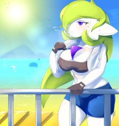 Rule 34 | 1girl, absurdres, alternate eye color, alternate hair length, alternate hairstyle, ashraely, beach, bike shorts, black gloves, breasts, breath, cleavage, collarbone, colored skin, covered erect nipples, creatures (company), day, female focus, fence, game freak, gardevoir, gen 3 pokemon, gloves, green hair, hair over one eye, half-closed eyes, hand up, heavy breathing, highres, large breasts, light rays, long hair, mountain, navel, nintendo, ocean, open mouth, outdoors, pokemon, pokemon (creature), purple eyes, sand, shiny skin, skindentation, solo focus, sportswear, standing, sun, sunlight, sweat, toned, towel, towel around neck, very long hair, wailmer, water, white skin