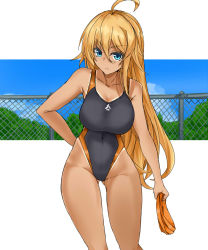 Rule 34 | 1girl, ahoge, black one-piece swimsuit, blonde hair, blue eyes, blue sky, breasts, chain-link fence, cloud, collarbone, commentary request, competition swimsuit, cowboy shot, day, fence, gluteal fold, highleg, highleg swimsuit, highres, kurokage, leaning forward, long hair, looking at viewer, medium breasts, one-piece swimsuit, one-piece tan, original, sky, solo, swimsuit, tan, tanline