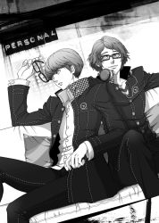 Rule 34 | 2boys, atlus, buttons, couch, dutch angle, emblem, gakuran, glasses, greyscale, hanamura yousuke, jacket, long sleeves, looking at viewer, male focus, monochrome, multiple boys, narukami yuu, open clothes, open jacket, persona, persona 4, school uniform