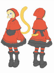 Rule 34 | 1girl, bad id, bad pixiv id, blonde hair, blue eyes, blush, cat tail, grimm&#039;s fairy tales, highres, hood, little red riding hood, little red riding hood (grimm), original, pantyhose, red pantyhose, striped clothes, striped pantyhose, suehiro, tail