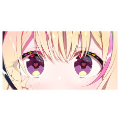 Rule 34 | 1girl, absurdres, animal ears, black hair, blonde hair, blush, close-up, epilogue in the attic (hololive), eye focus, fox ears, fox girl, hair between eyes, heart, heart-shaped pupils, highres, hololive, ichijo rei, looking at viewer, multicolored hair, official art, omaru polka, pink hair, purple eyes, sidelocks, simple background, solo, streaked hair, symbol-shaped pupils, virtual youtuber, white background
